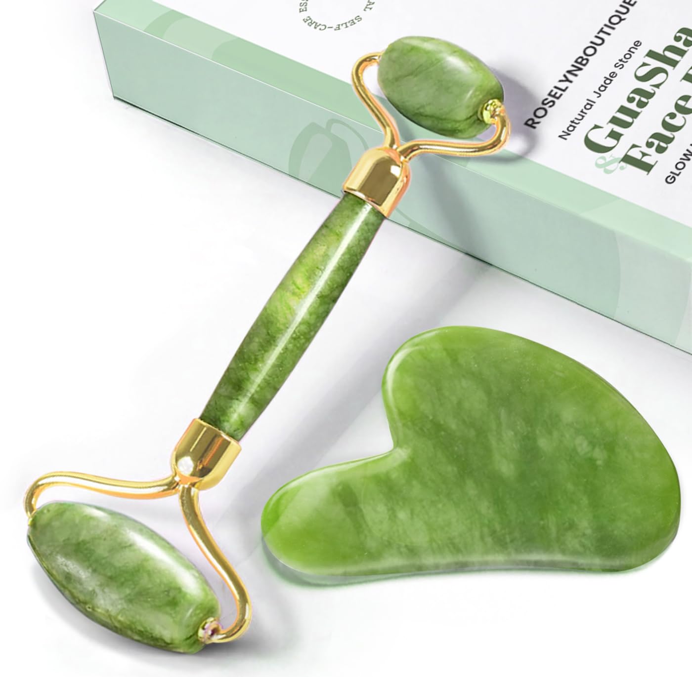 Gua Sha Facial Tools & Jade Face Roller for Lift Wrinkless Natural Skincare Tool Jade Roller Guasha Tool for Face (Green)