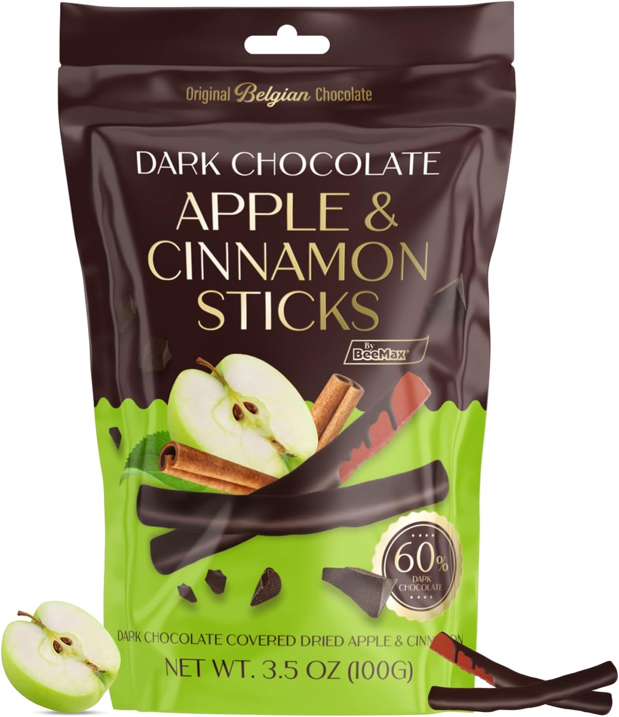 - BeeMax Dark Chocolate-Covered Dried Apple & Cinnamon Sticks, 3.5oz Resealable Pouch (Pack of 1) - Non-GMO, Premium Belgian Chocolate Covered Fruit Sticks - Great for Snacking, Gifting & Dessert Treats