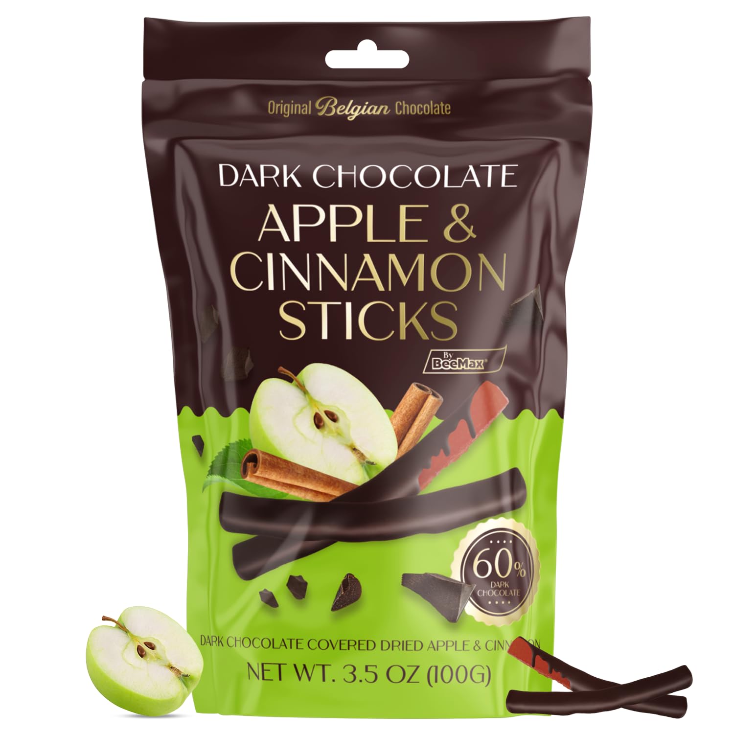 BeeMax Dark Chocolate-Covered Dried Apple & Cinnamon Sticks, 3.5oz Resealable Pouch (Pack of 1) - Non-GMO, Premium Belgian Chocolate Covered Fruit Sticks - Great for Snacking, Gifting & Dessert Treats