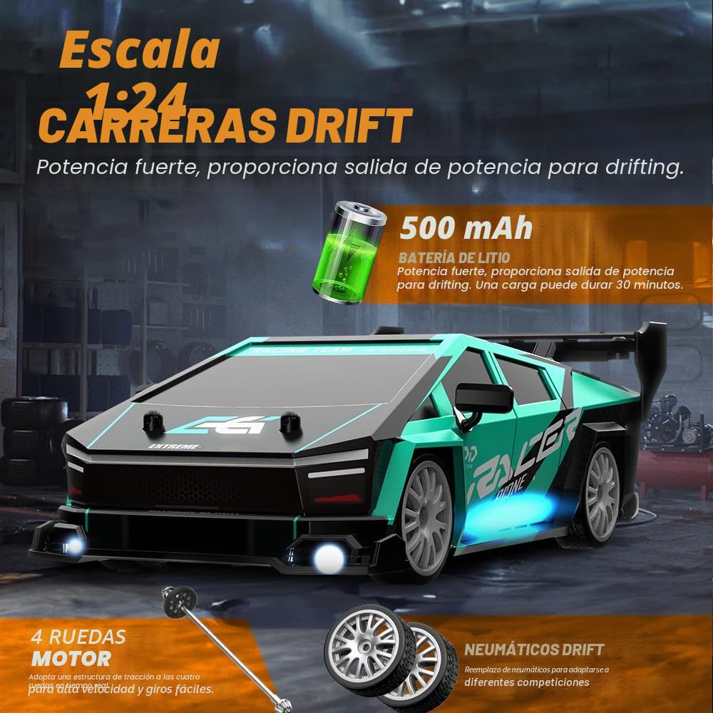 Coche teledirigido 1:24, 2,4 GHz RC Drift Car 30 km/h, coche de carreras teledirigido 4WD RC coche con diseño multiluz, coche de deriva adecuado para todos los terrenos