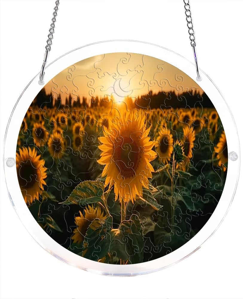 Sunflower Field Sunset Acrylic Jigsaw Puzzles Suncatcher, 7.4 Inch Window Hanging Suncatcher Acrylic Puzzle, DIY Home Decor Art Gift