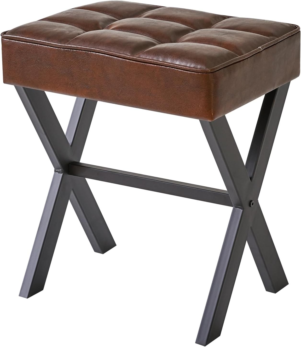 IBUYKE Square Makeup Stool with X-Leg Foot Rest, PU Footrest, Ottoman Seat Vanity Stool, Multi-Use as Small Side Table, for Bedroom, Living Room, Dark Brown LG-71Z 17.72"-Leather Dark Brown