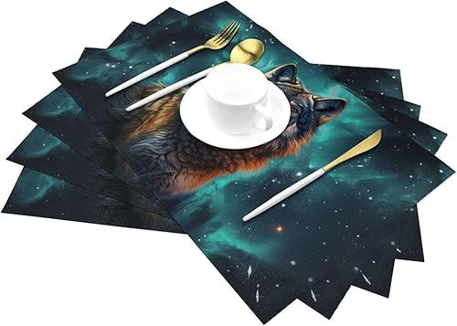 Miniatura 6 de 6 PCS PVC Placemats Set Place Mats A Wolf Stands in Front of The Starry Sky Non-Slip Weave Place Mats 12" x 18" Farmhouse Table Mat Set for Family