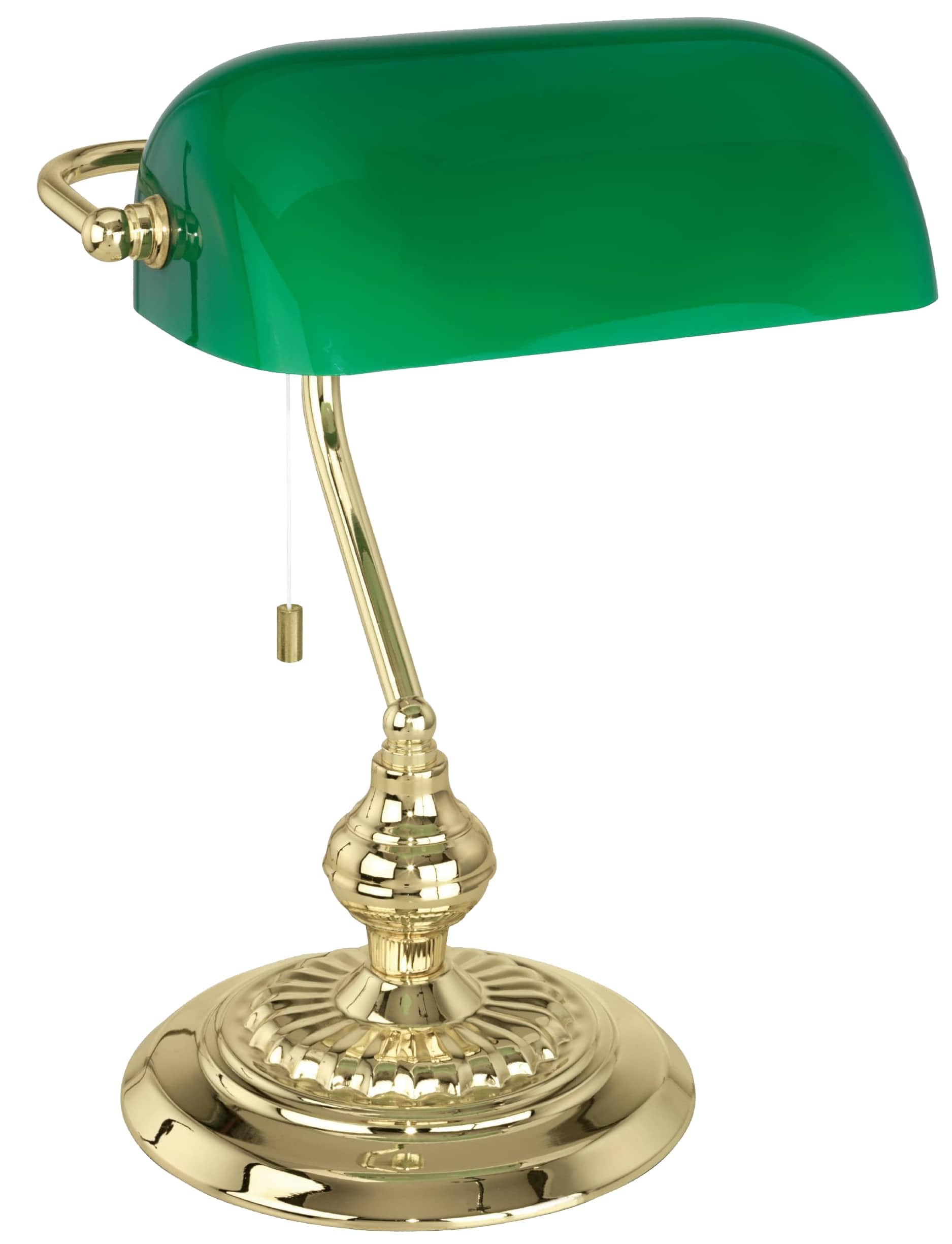 EGLO Tischlampe Banker, 1 flammige Tischleuchte Vintage, Retro, Art Deco | Klassik, Schreibtischlampe aus Stahl und Glas, Nachttischlampe, Bürolampe, Messing, Grün, Lampe mit Zug-Schalter, E27 Fassung