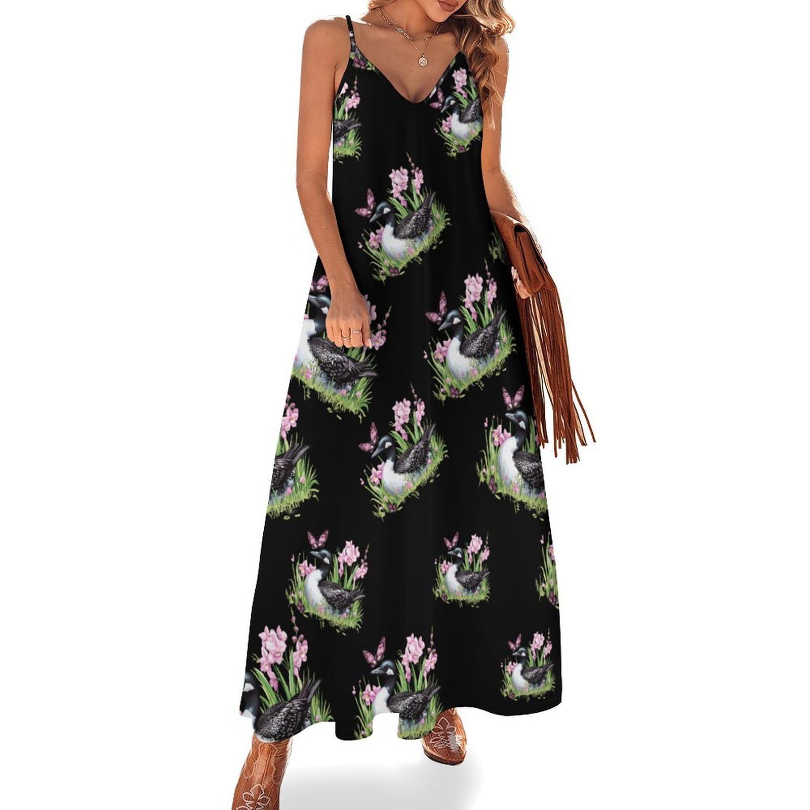 Vestido largo casual con estampado de flores y mariposas para mujer, con tirantes delgados ajustables, vestido de playa