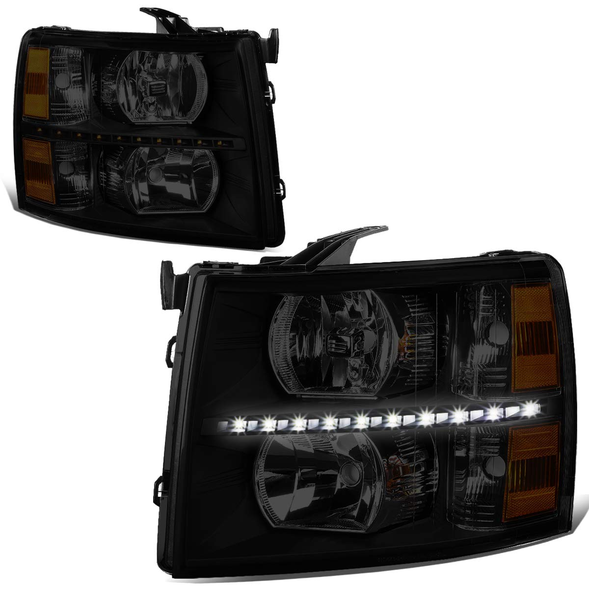 Auto DynastyHeadlights Assembly Compatible with Chevy Silverado 1500 2500 3500 HD 2007 2008 2009 2010 2011 2012 2013 2014, with LED Running Light Stip Headlight Lamps, Smoked Lens Amber Corner