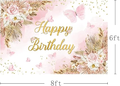 Miniatura 10 de MEHOFOND Telón de fondo bohemio de feliz cumpleaños de 7 x 5 pies para niñas, color rosa rubor, floral, bohemio, hierba de pampas, pasteles,