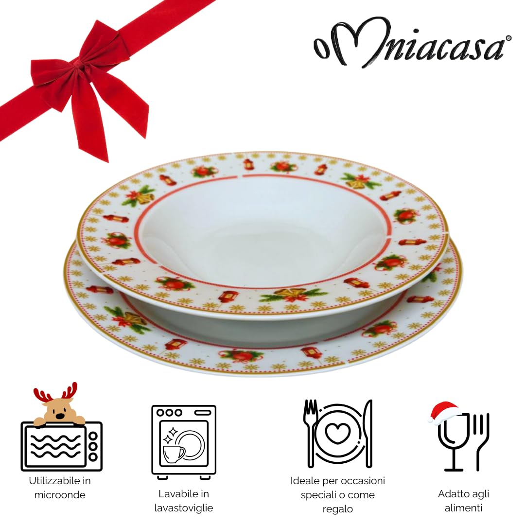 Omniacasa Weihnachtsservice mit Gläsern für 6 Personen: 24-teilig, Dekorationen mit Laternen und Glocken, Rot, Weiß und Gold, Geeignet: Spülmaschine und Mikrowelle. Küche, Haushalt & Wohnen