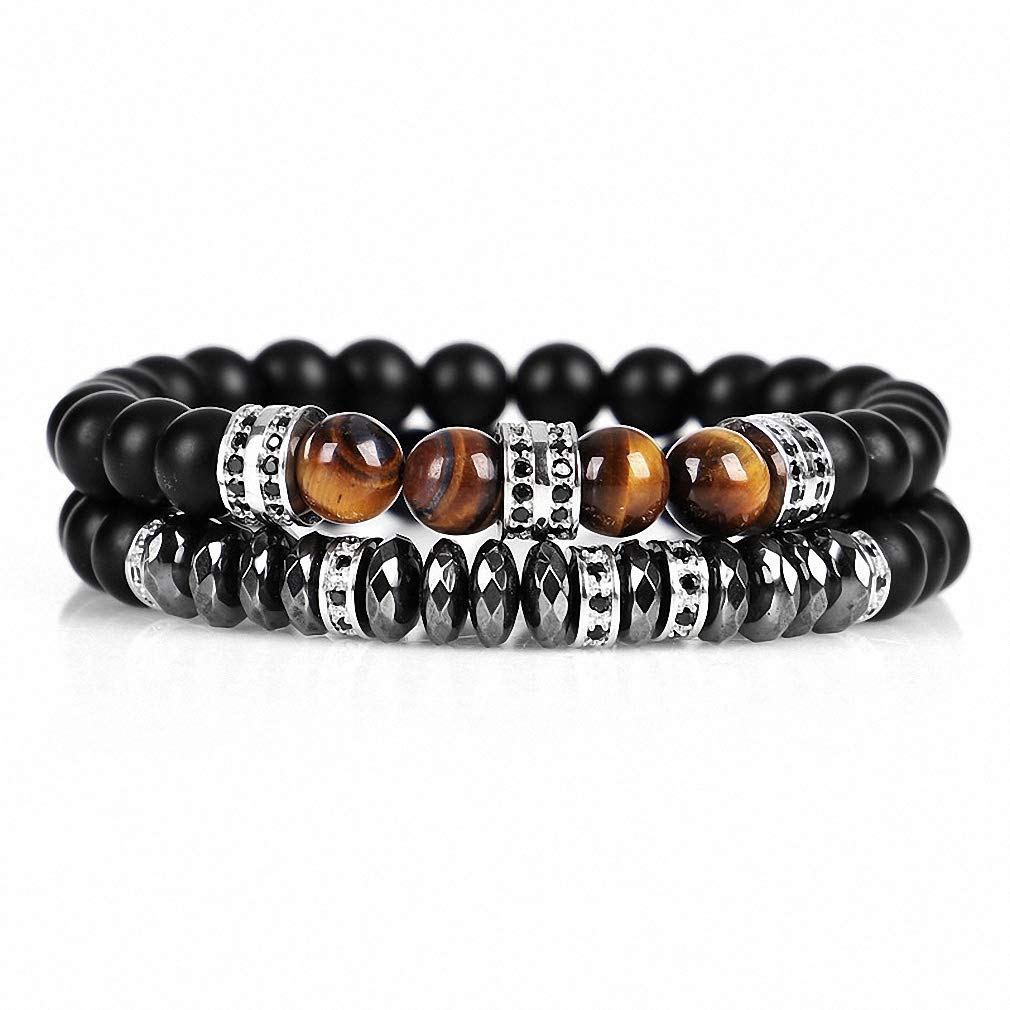 Handmade 2pcsSet Cz Zircon Men Bracelet 8mm Tiger Eye Beads Bracelet With Hematite Bead Bracelet