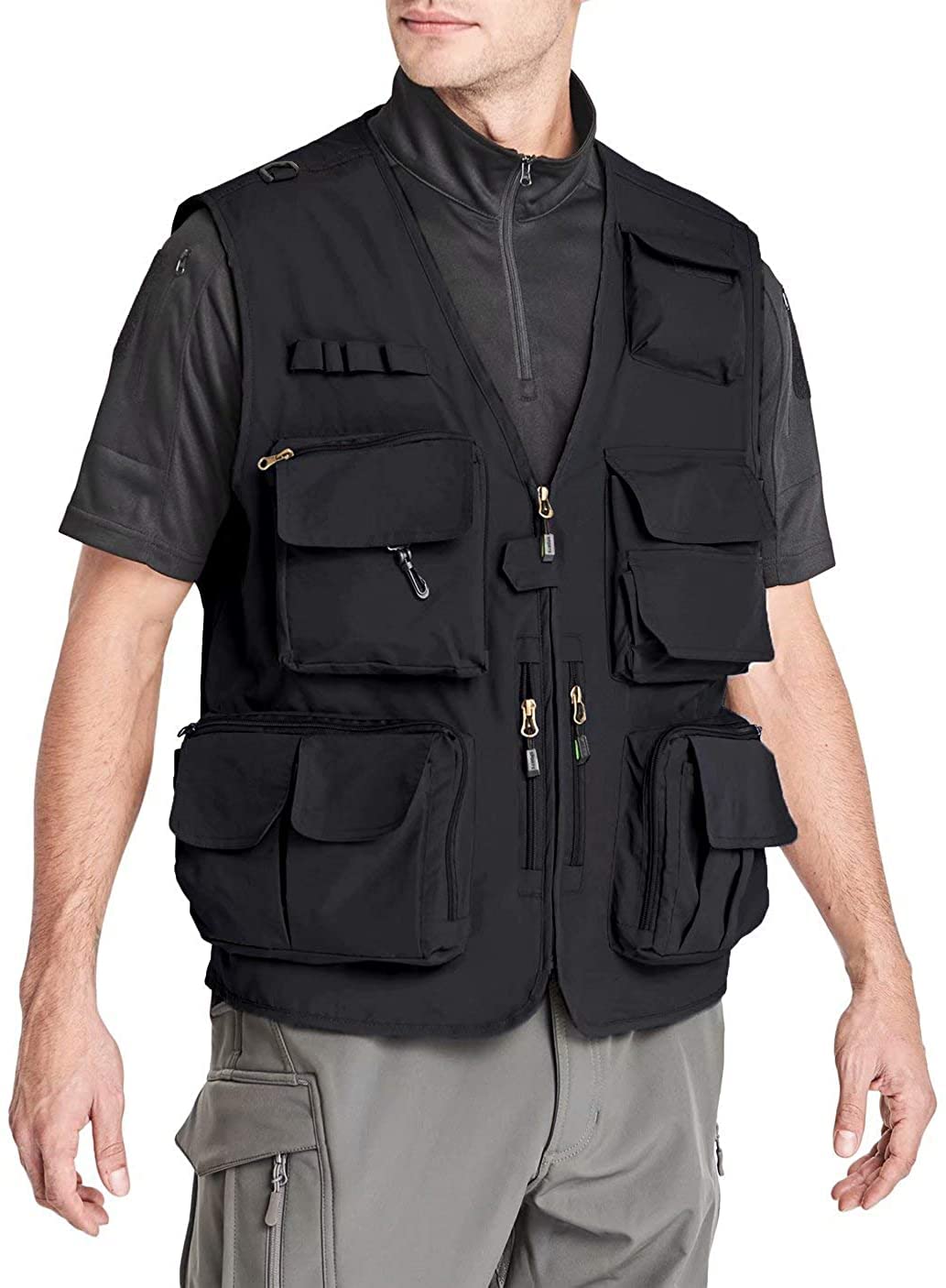 Lilychan Mens Utility Casual Fishing Vests Outdoor Work Vest Multi Pockets Cargo Vest Travel Hunting Camping Tactical Outerwear (Black, X-Large)