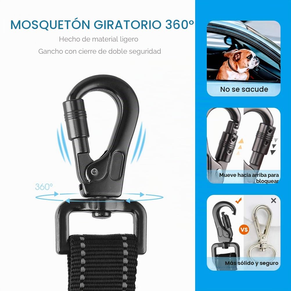 Cinturón de Seguridad para Perro, 3 En 1 Correa de Coche Ajustable de Nylon, Mosquetón Resistente Con Cierre de Seguridad para Mascotas
