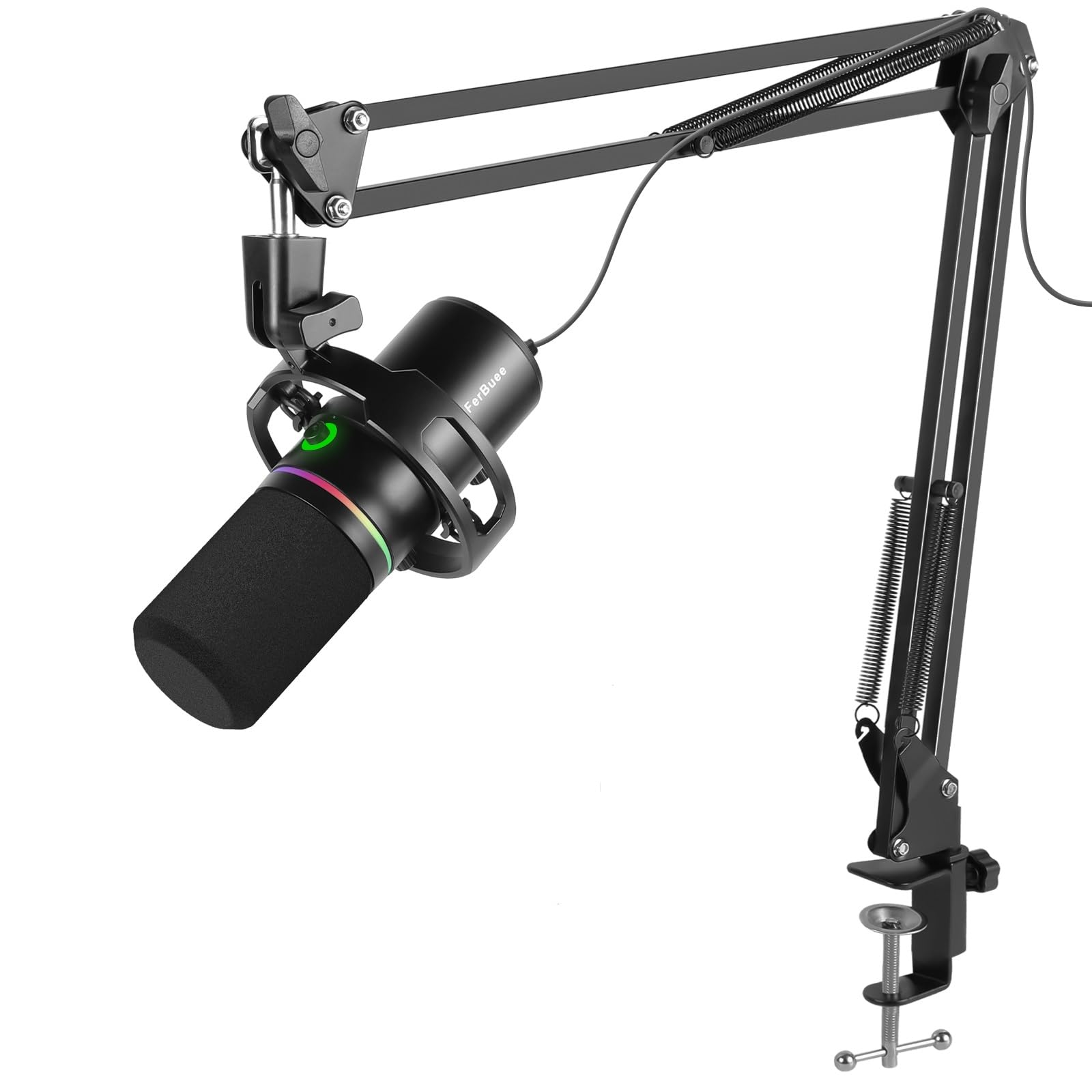 FerBuee XLR USB Dynamic Microphone with RGB Light, Volume Control, Mute Button, 3.5mm Headphone Jack. Compatible with Mixers, Sound Cards, PC, MAC, PS4, PS5 (Microphone with Boom Arm)