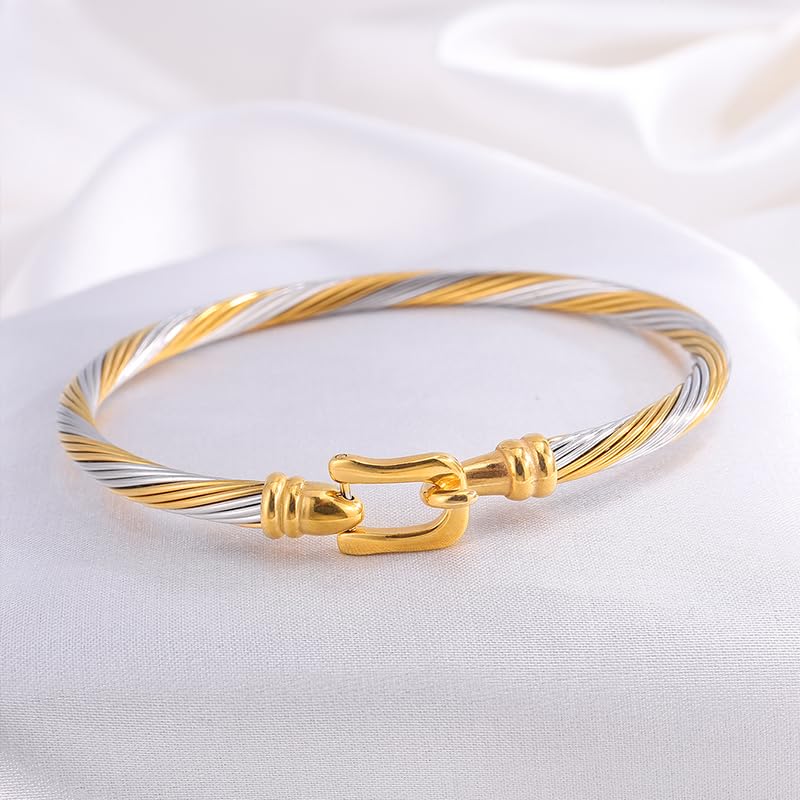 Generic Brazalete trenzado de acero inoxidable dorado y plateado de dos tonos, duradero, versátil para el día a día
