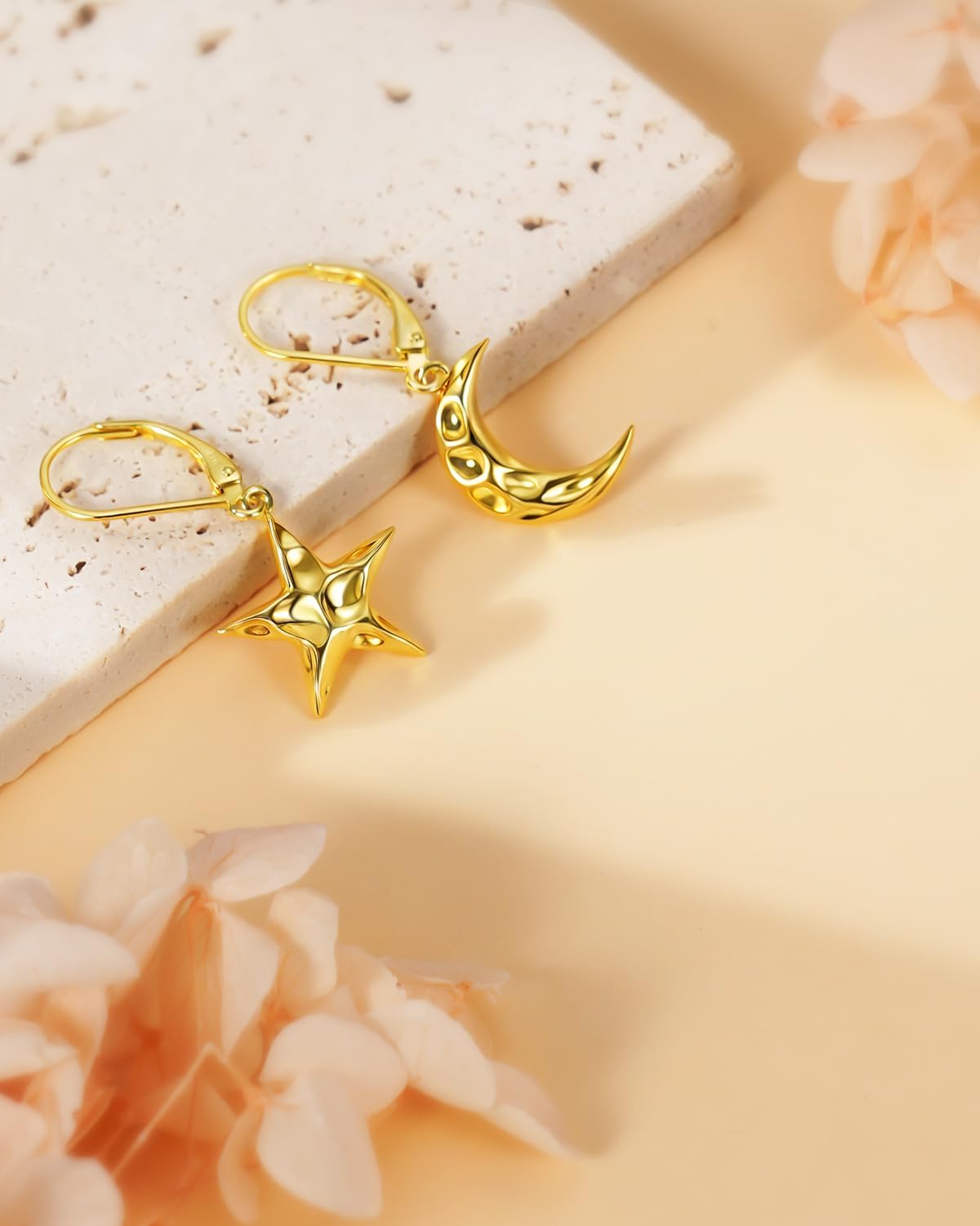 Moon Star Earrings for Women & Teens, 14K Gold Plated Solid 925 Sterling Silver Hypoallergenic Drop Earrings, Statement Celestial Dainty Jewelry Christmas Birthday Gifts for Wife Girlfriend Daughter