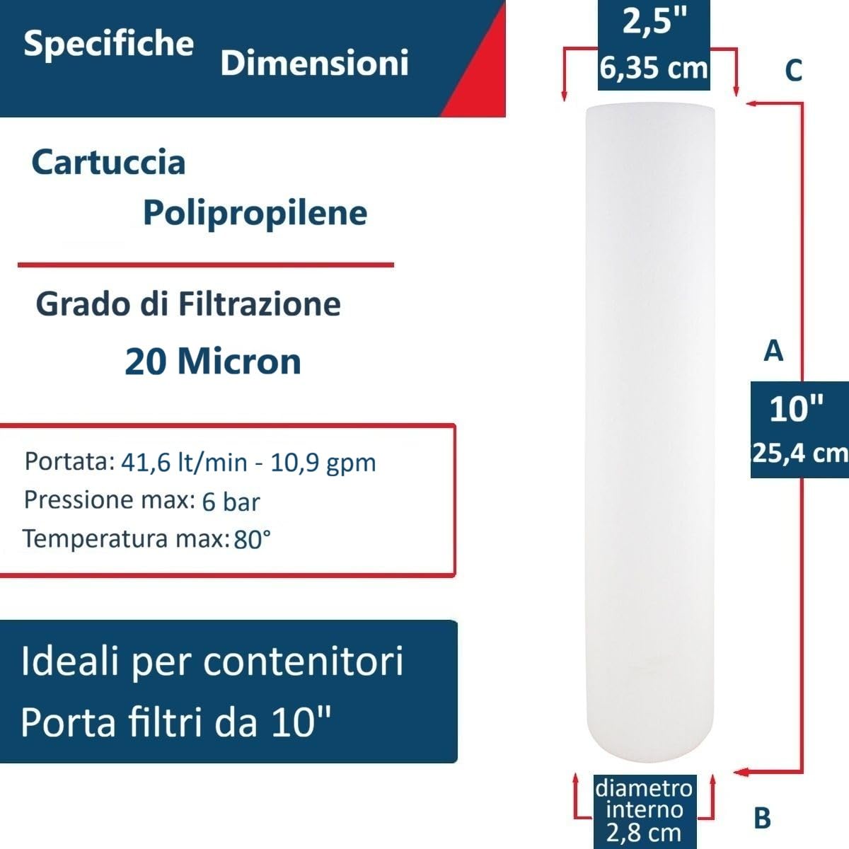 Cartuccia Filtro Acqua Polipropilene Sedimenti 10 Pollici Mic 20 Set 10 Pz.