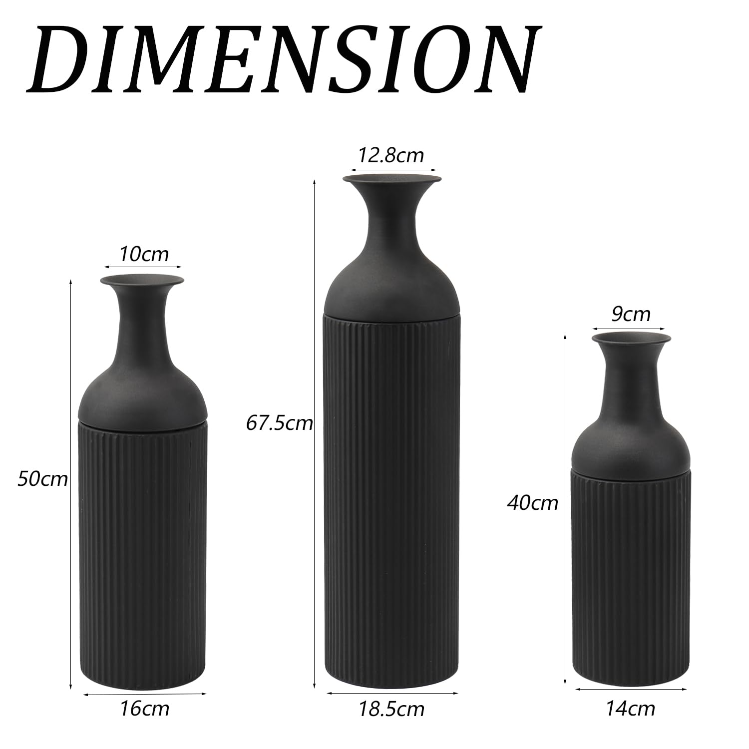 Hohe Vasen für den Boden, große Bodenvasen 3er-Set, hohe Blumenvase, Schwarze Metallvase für Wohnzimmer, Eingangsbereich, Büro, Esszimmer, Schlafzimmer, Kamin, Wohnecke