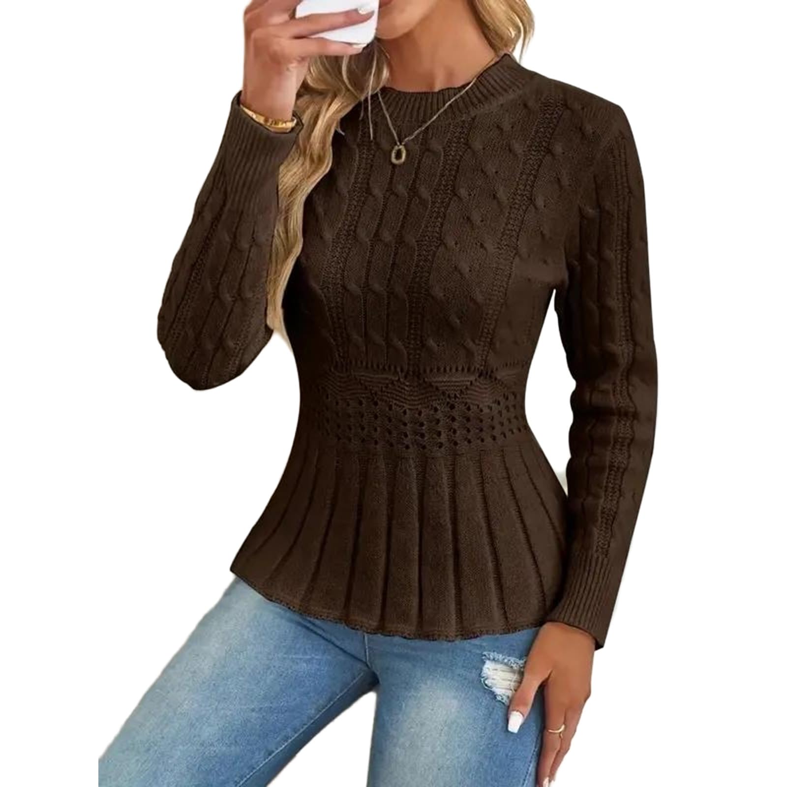 Womens Chunky Knit Crew Neck Long Sleeve Top Sweater Knit Pullover Outfit Unique Cable Casual Sleeve Crewneck