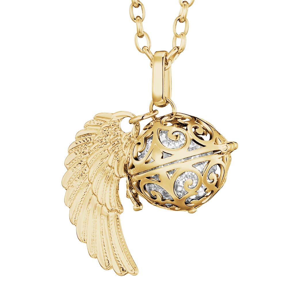 Morella Femme Collier Ange Gardien en Acier Inoxydable Or 70 cm avec Ailes d'ange et Boule sonore en zircons 16 mm dans Une Pochette en Velours