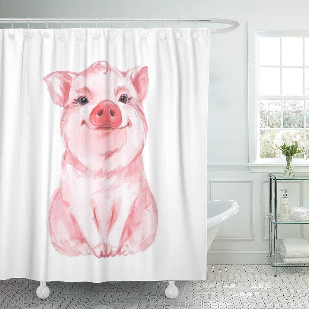 AshasdS Fabric Shower Curtain Curtains with Hooks Pink Animal Funny Pig Cute Watercolor White Farm Baby Painting Piglet Kawaii Cartoon Child Waterproof Decorative Bathroom