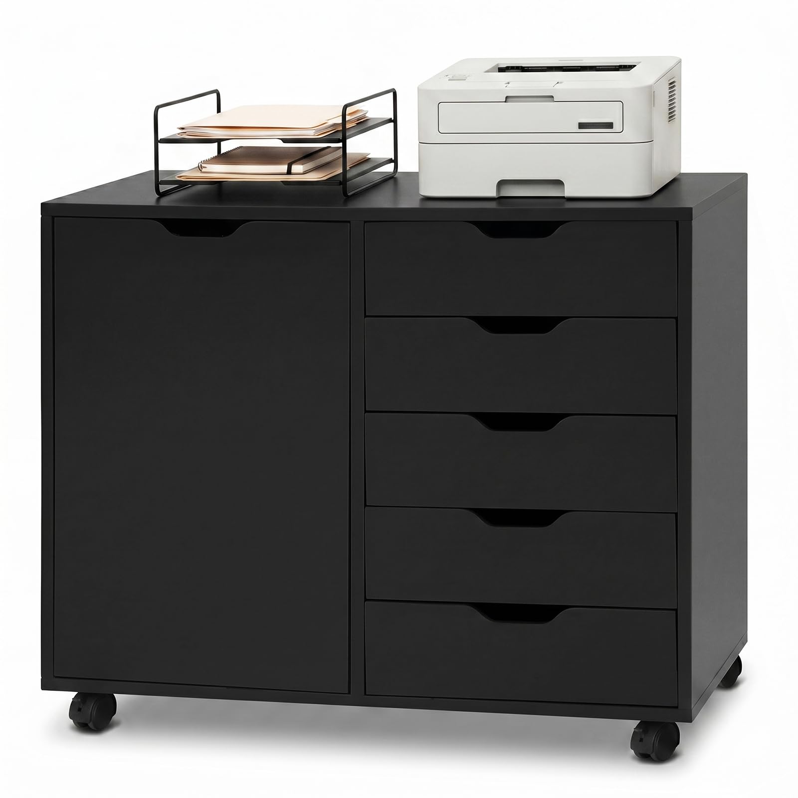 GIANTEX 5-Drawer File Cabinet with Wheels, Wooden Rolling Lateral Filing Cabinet with Door and Adjustable Shelf, Chest of Drawers, Mobile Printer Stand Organizer for Home Office (Black)