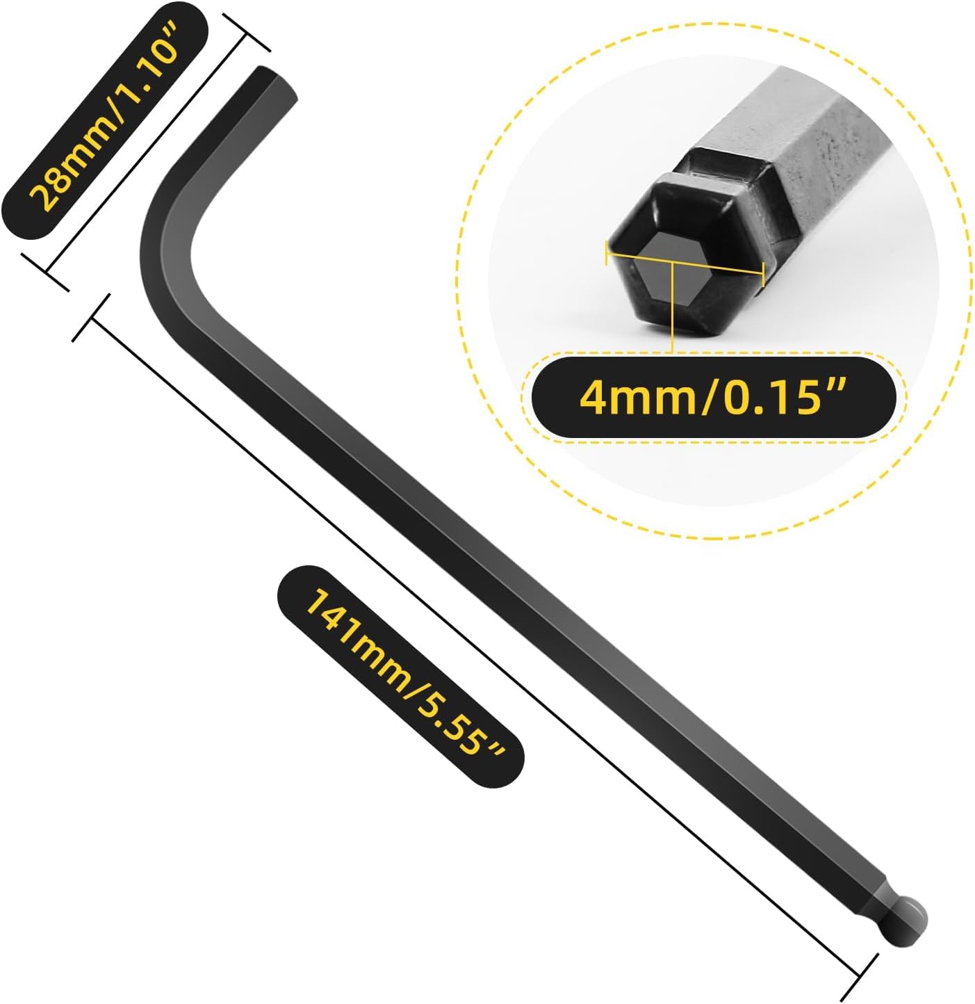 4mm Allen Wrench Set with Ball End Hex Key Metric Size Extra Long Arm L Shaped Heavy Duty CRV Steel Tool for Repairing Project 6PCS