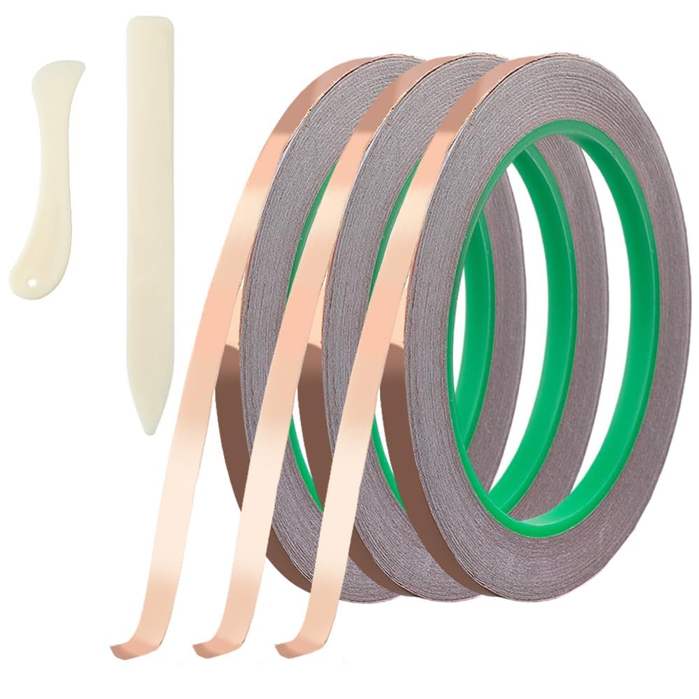 Jnchdghwa As Shown Thin Copper Foil Tape 3 Rolls For Guitar Glass Foiler Copper Tape Tool With 2Pcs Plastic Scraper 0.24 Inch X 65.6 Feet Diy