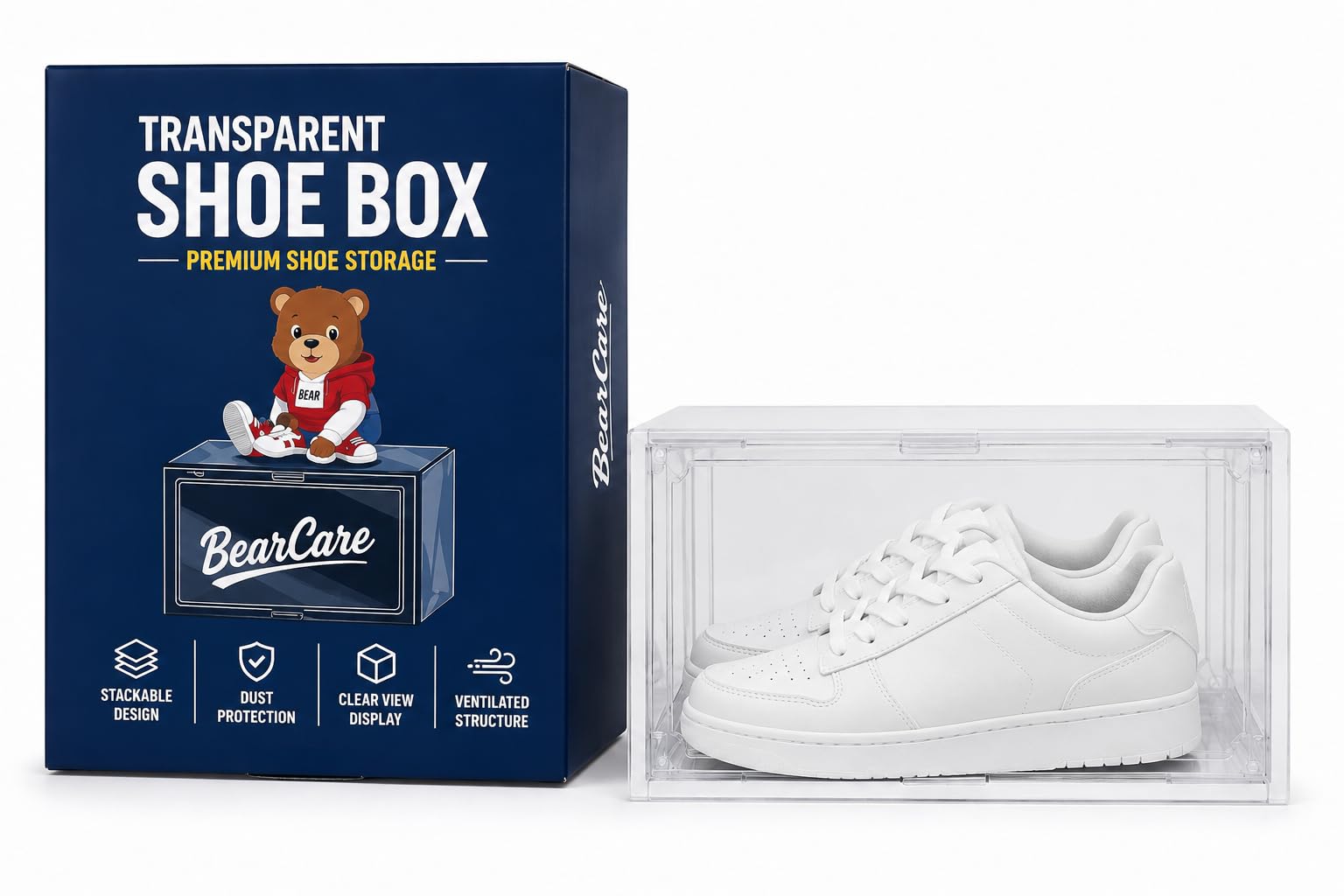 Bear Care Sneaker Box White (Pack of 4) | Front-Opening, Heavy-Duty | Stackable Shoe Storage Organizer Crate with Magnetic Closure | Clear Sneaker Display & Dust-Proof Access Container-image-48