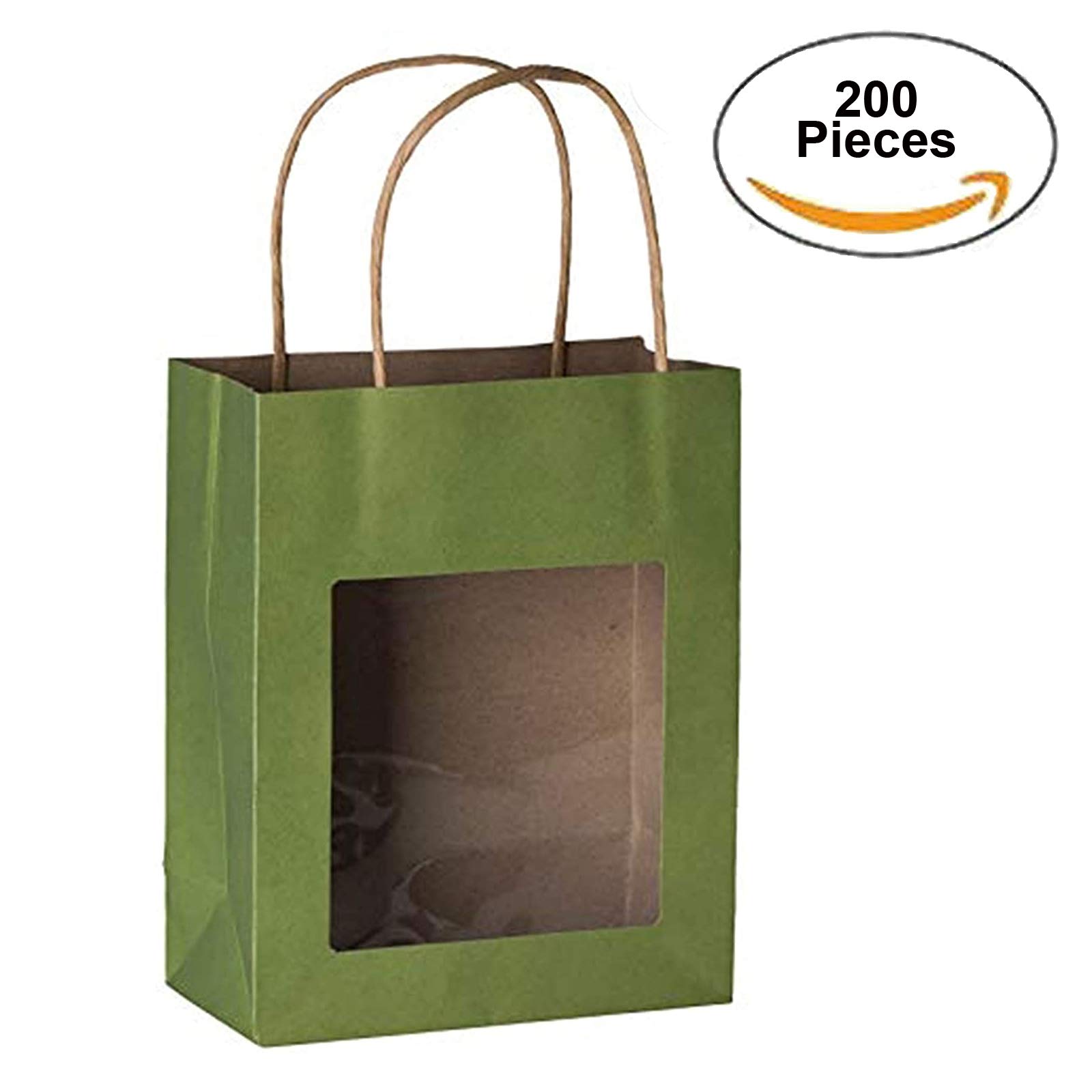 Hammont Paper Bags with Handles – Green Gift Bags Bulk Medium Size 200 Pack Paper Craft Bag – Kraft Bags with Window - Transparent Gift Bags - Party Favor Gift Bags for Kids - 7.75