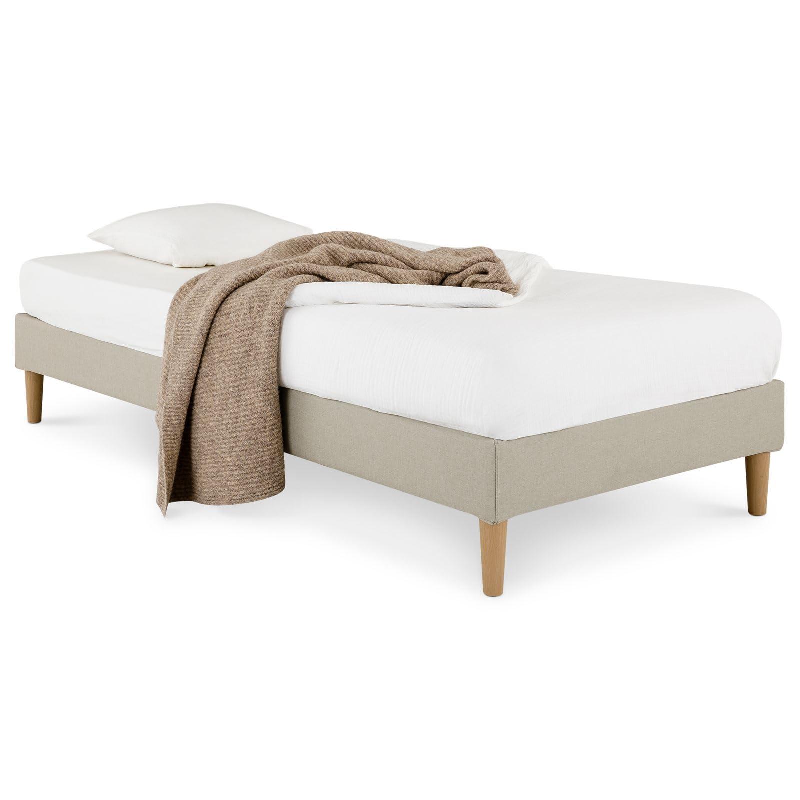 IDIMEX Sommier tapissier PAIMPOL 90 x 190 cm Structure en Bois et revêtement en Tissu Beige, Cadre de lit avec Pieds et sommier à Lattes pour 1 Personne
