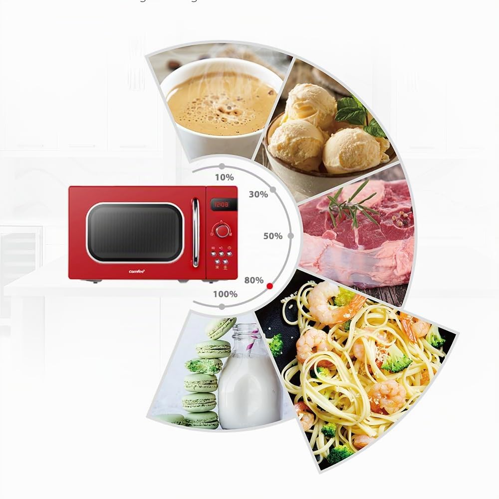 Comfee CMSRO 20 di rd Micro-ondes rétro avec 8 menus automatiques, 5 niveaux de puissance de cuisson, bouton de cuisson express, 20 L, 800 W, rouge passionné