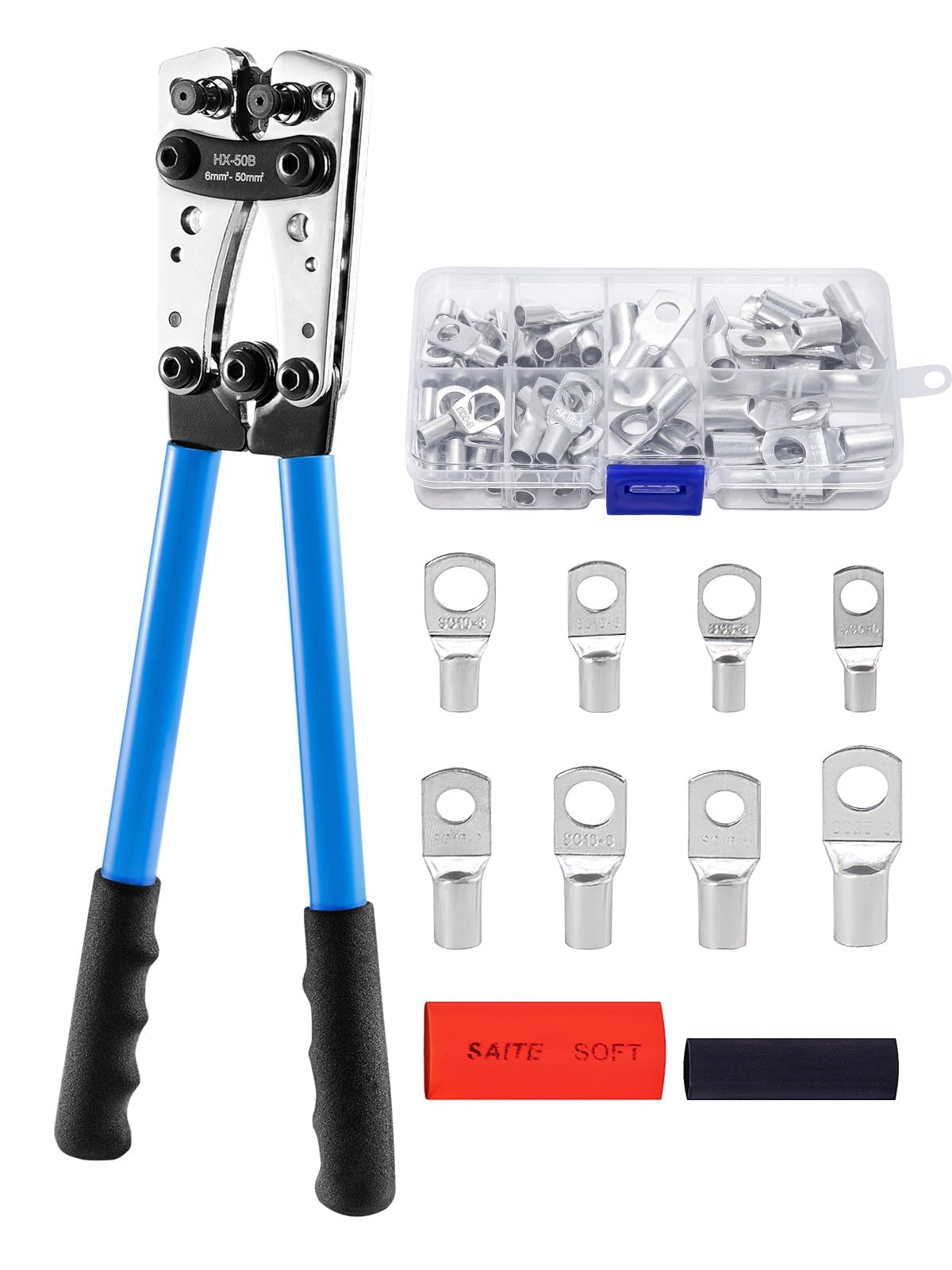 GREENSAPPIRE Battery Cable Crimping Tool 6-50mm²(AWG 8-1/0) Hand Electrician Pliers for Heavy Duty Wire Lugs Battery Terminal Copper Lugs with 60PCS Copper Ring Terminals