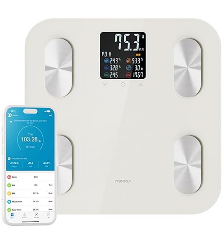 mooas Báscula inteligente para peso corporal, grasa y Bluetooth, apta para FSA HSA, báscula digital de baño con IMC, grasa corporal, masa muscular,