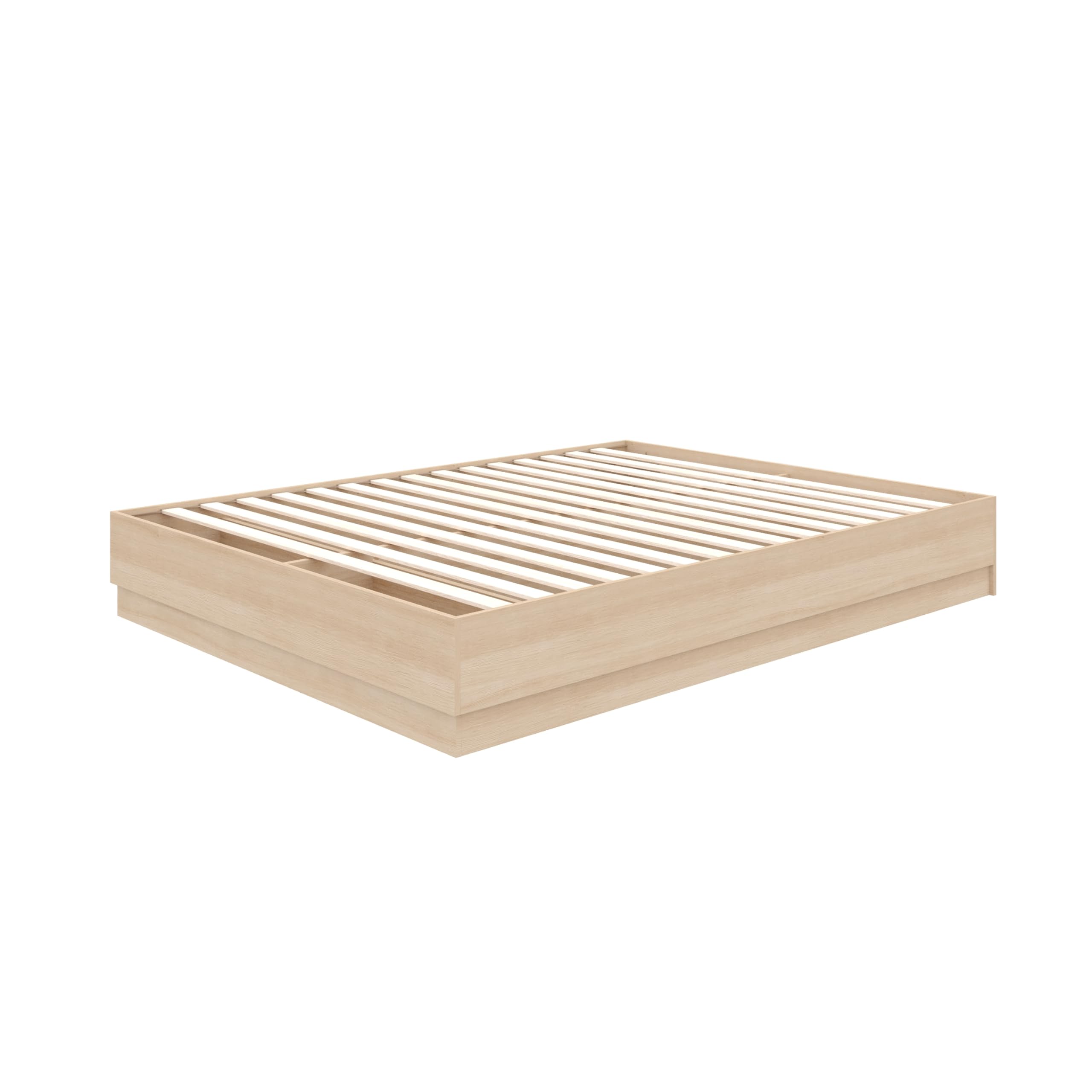 Nexera Milano Queen Platform Bed Frame in Natural Blonde Oak, shown in a bedroom setting with a mattress and bedding.