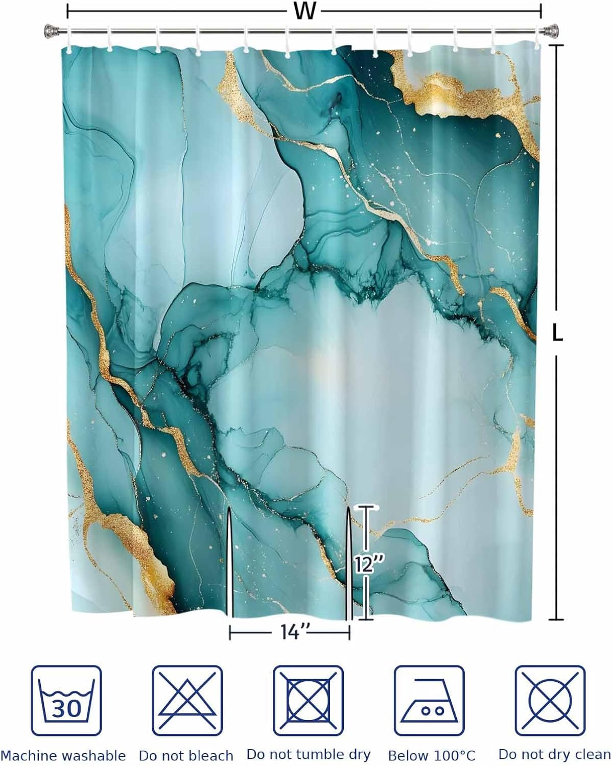 Split Shower Curtain for Transfer Benches, Teal Marble Fabric Bathroom Curtain with Hooks, Golden Ink Painting Abstract Art Waterproof Bathtub Curtain for Elderly and Disabled, 72 x 78 In