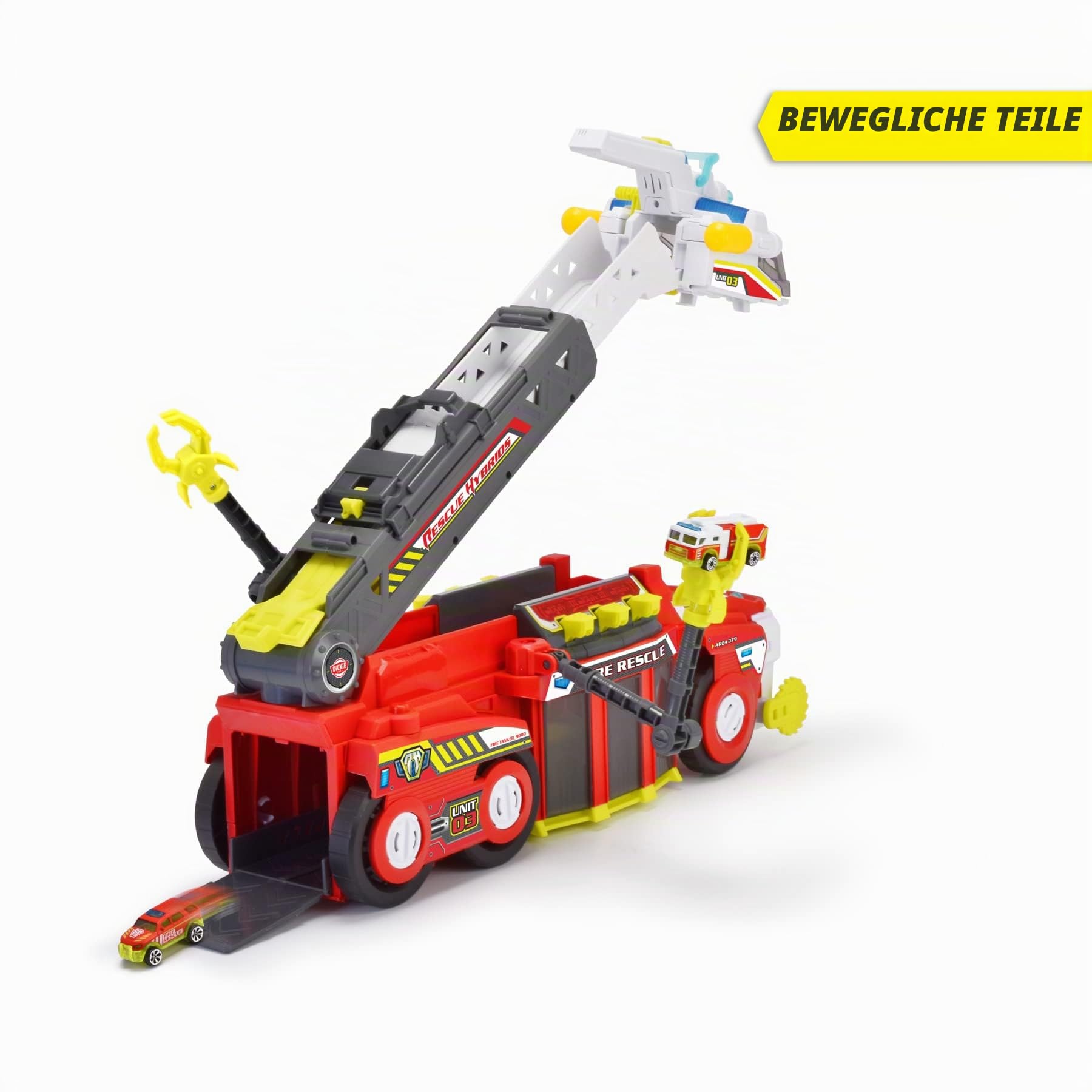 Dickie Toys Rescue Hybrids Feuerwehrauto groß (55 cm) - Rescue Hybrids Feuerwehrauto für Kinder mit Wasser-Spritzfunktion, ausziehbarer Leiter, Licht & Sound + 2 kleine FahrzeugeFire Tanker