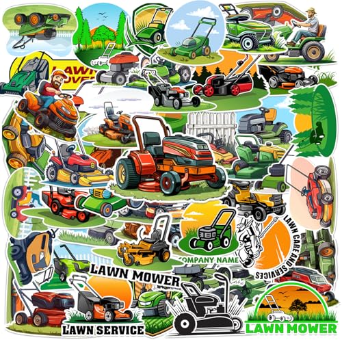 50PCS Lawn Mower Stickers Green Tractor Lawnmower Farm Party Favors Birthday Party Decorations Vinyl Waterproof Stickers for Water Bottle Laptop Luggage Helmet