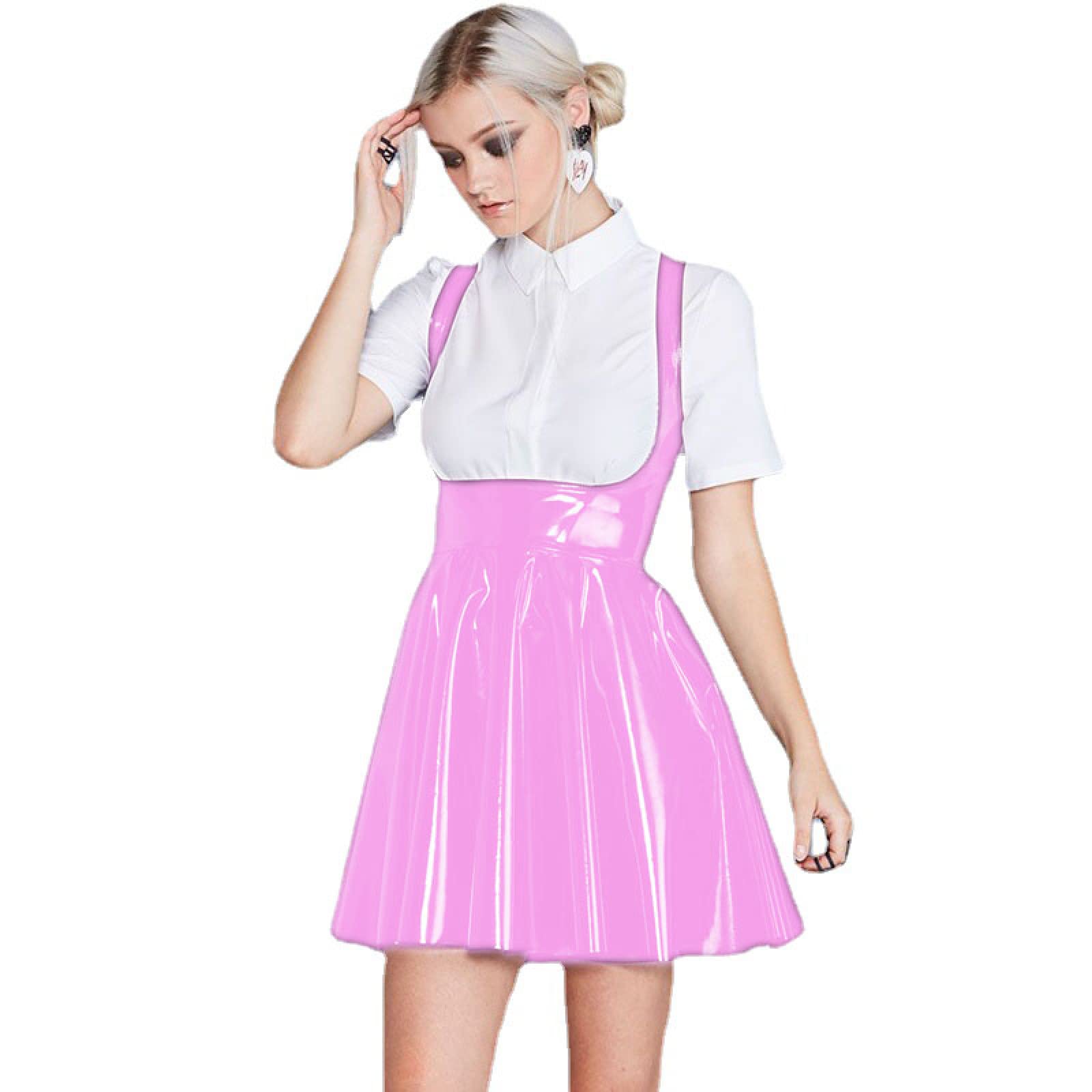 Shiny PVC Leather Lady Bodycon Pleated Dress Women