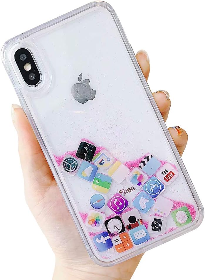 Skoveph Liquid Glitter Case Compatible with iPhone 7 Plus / iPhone 8 Plus, Hard Back Colorful Bling Quicksand with ios icon Apple APP Shine Phone Case (iPhone 7 Plus / 8 Plus, Pink Glitter)