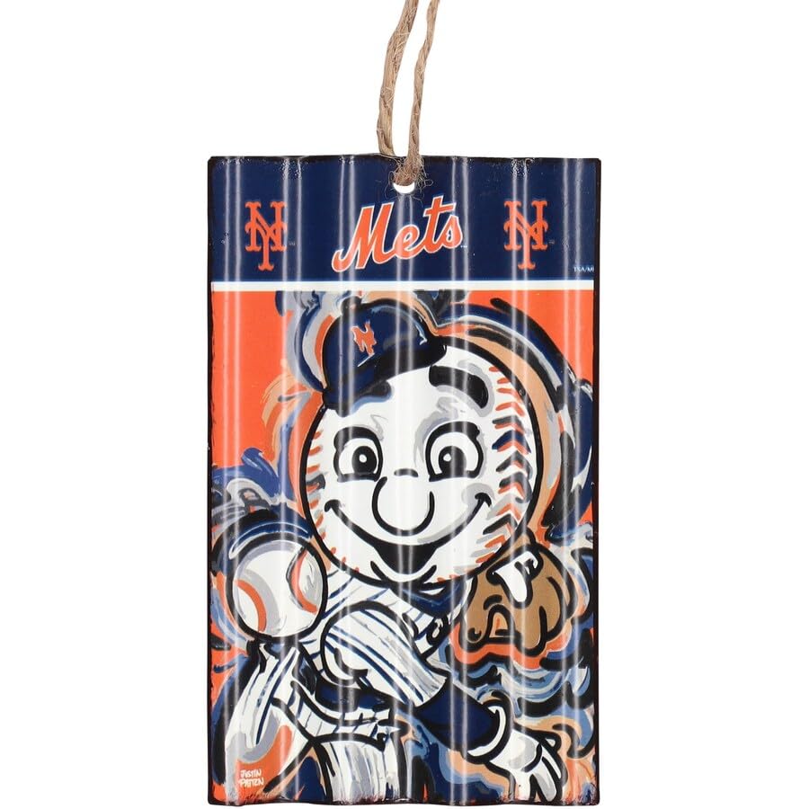 New York Mets Corrugated Metal Sign Ornament, Mr. Met Mascot, Art by Justin Patten