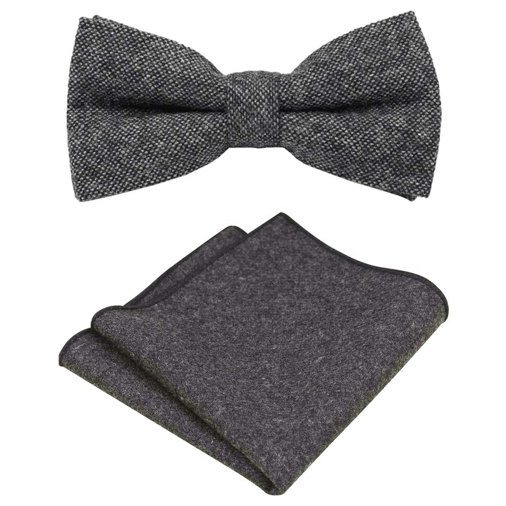 Db Dickie Bow Men's Charcoal Grey Luxury Wool Pre-Tied And Fully Adjustable Bow Tie & Pocket Square Set (Charcoal Grey) - Suitable For Formalwear, Office, Weddings, Parties, Grooms & Grooms Outfits