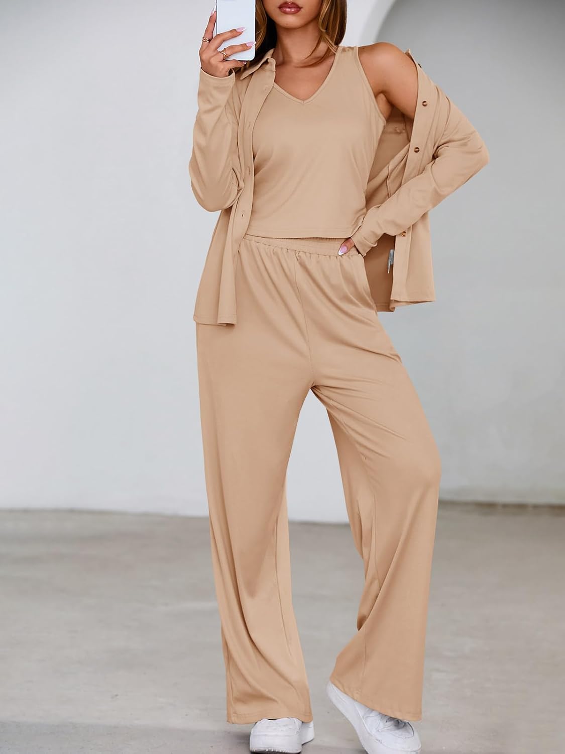 Tankaneo Womens 3 Piece Pajama Set Long Sleeve Shirts V Neck Tank Top Wide Leg Pants Sweatsuit Lounge Sets 2025 - Image 4