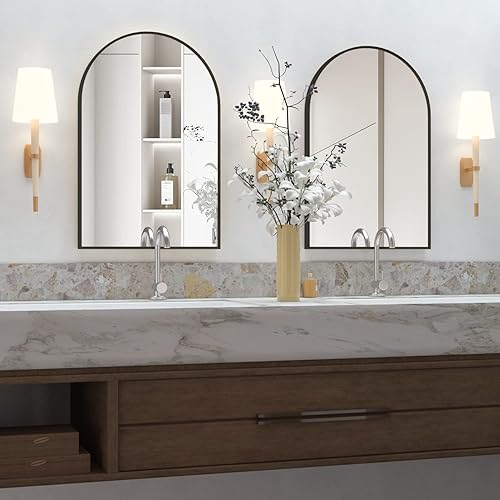 NEUWEABY Espejo montado en la pared, espejo de pared arqueado para baño, espejo de baño de arco de 20 x 30 pulgadas con marco de metal, 2 piezas,