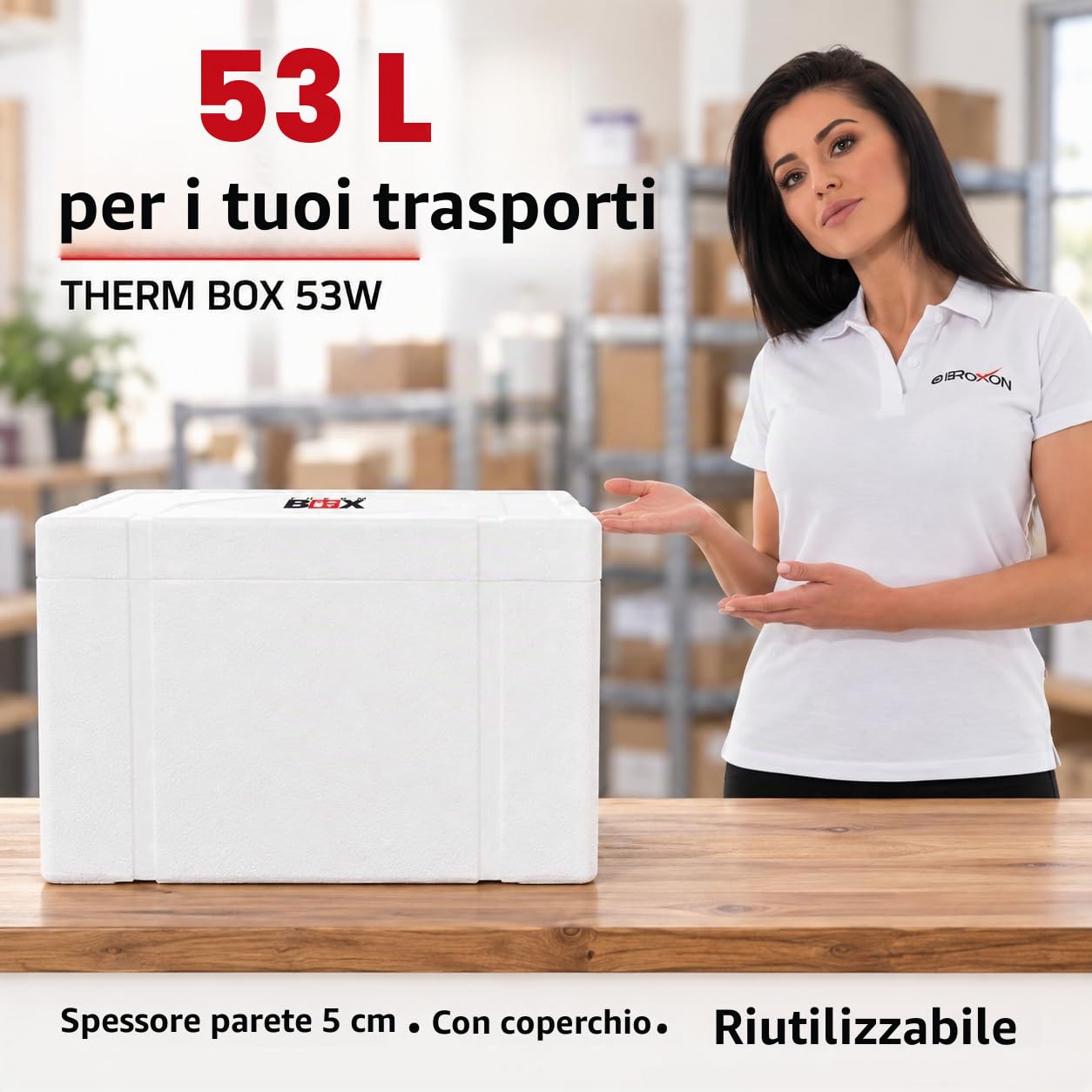 THERM-BOX contenitore in polistirolo 53W Interno: 47x38x29cm Parete: 5cm Volume: 53,24L Contenitore isotermico Box frigo Scatola termica Riutilizzabile