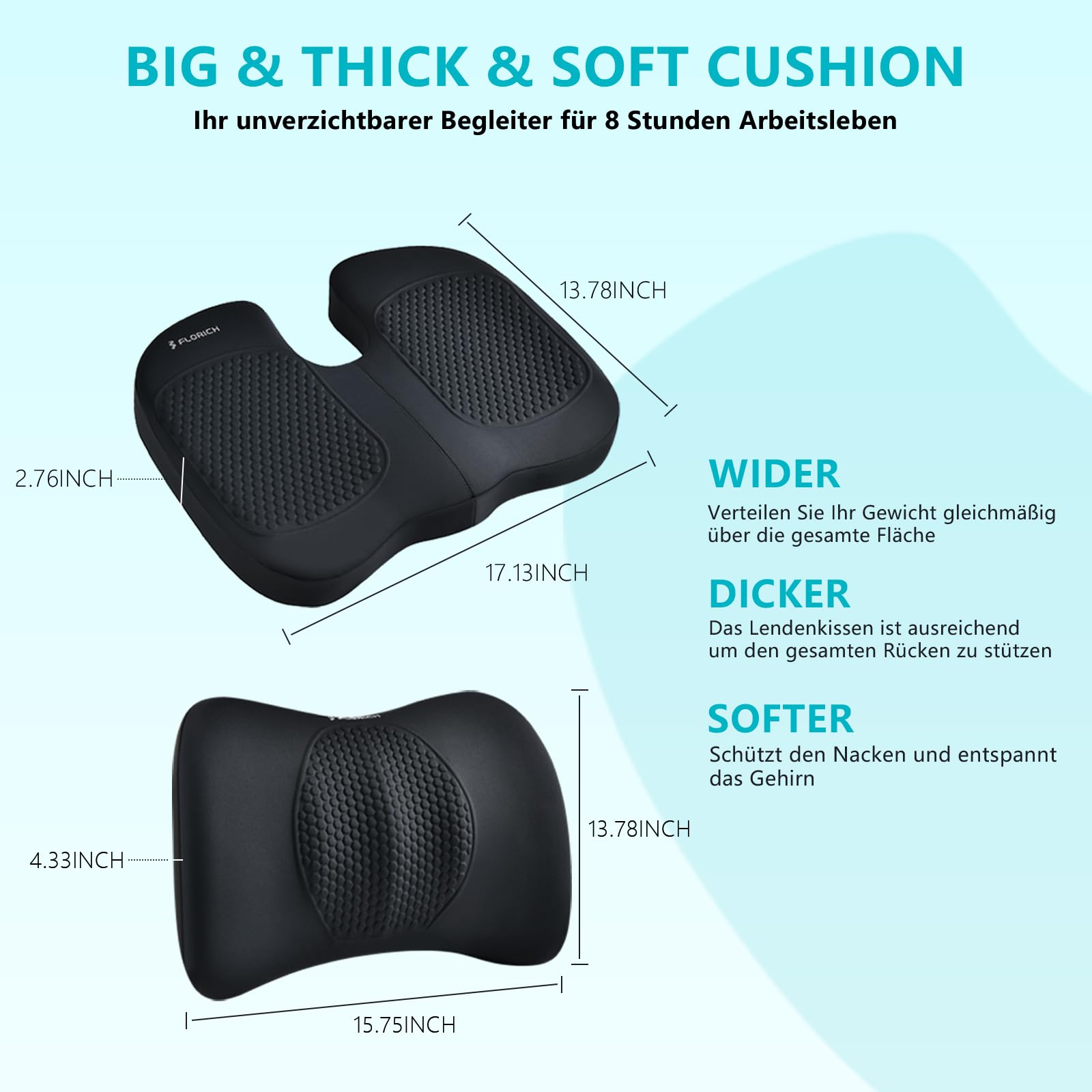 FLORICH Coussin d'assise et Coussin Lombaire en Mousse à Mémoire de Forme pour Siège de Bureau Coussin d'assise Ergonomique pour Voiture pour Siège de Voiture, Chaise de Bureaut, Type1-Noir