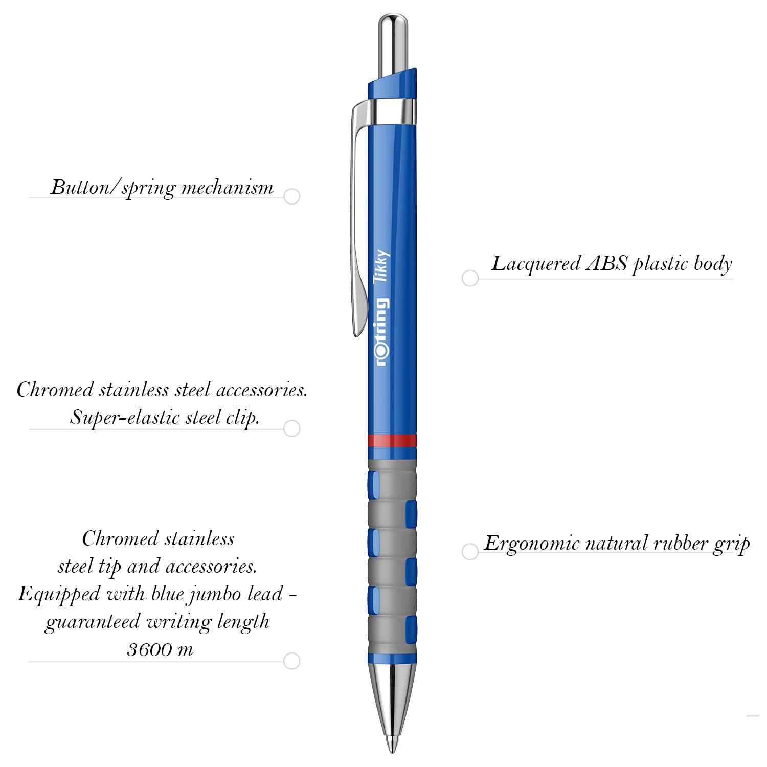 rOtring Tikky bolígrafos | Tinta azul | Punta mediana (1,0 mm) | Cuerpos color azul | Ligero, con un agarre recubierto de goma | 12 unidades