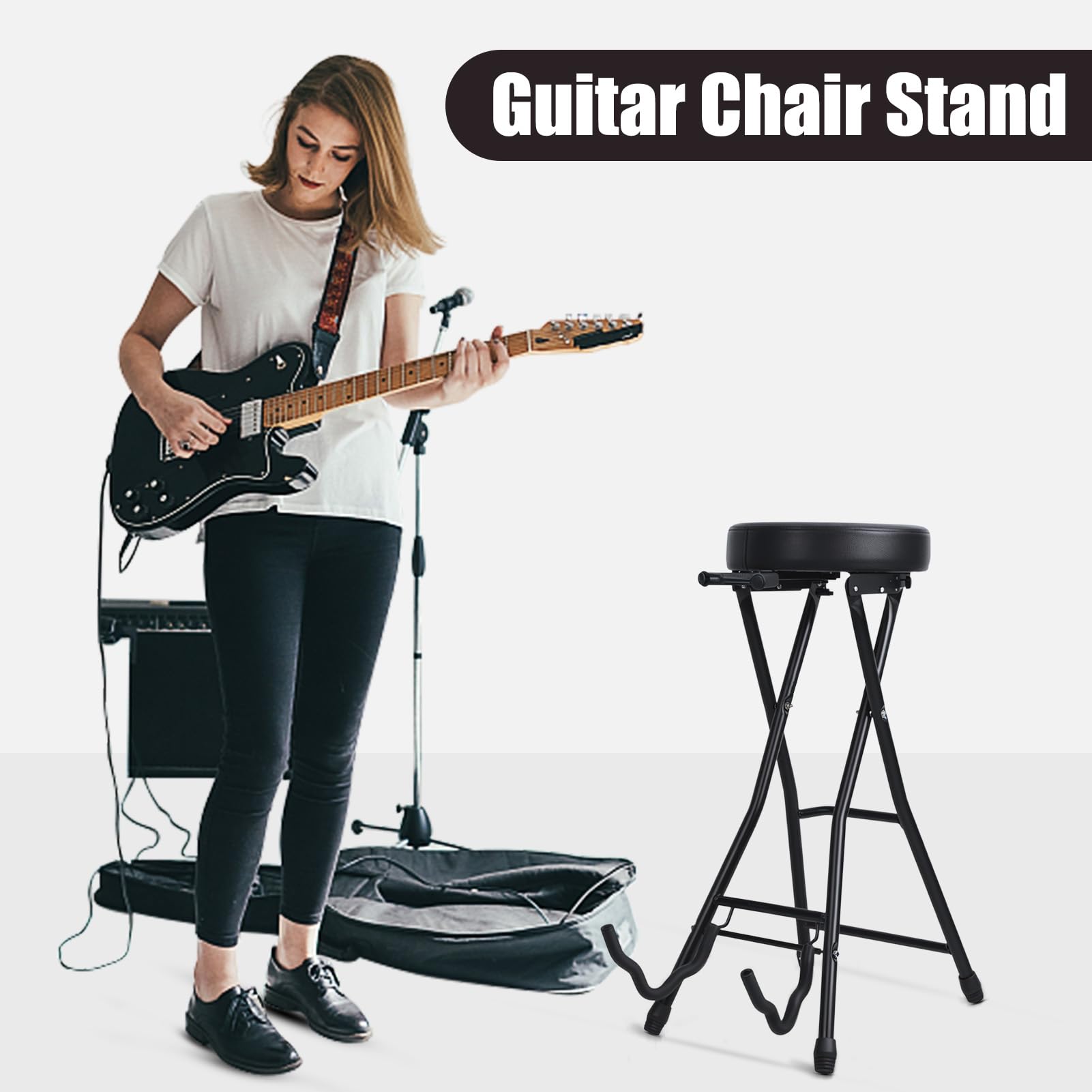 Tabouret de Guitare avec Siège Rembourré, Tabouret de Musicien Pliable avec Siège Rembourré, Repose-Pieds, Crochet Rétractable, pour Guitare Basse Électrique Acoustique Noir