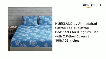 Huesland King Size Cotton Bedsheet Set - 144 Thread Count, Grid Pattern, With 2 Pillow Covers