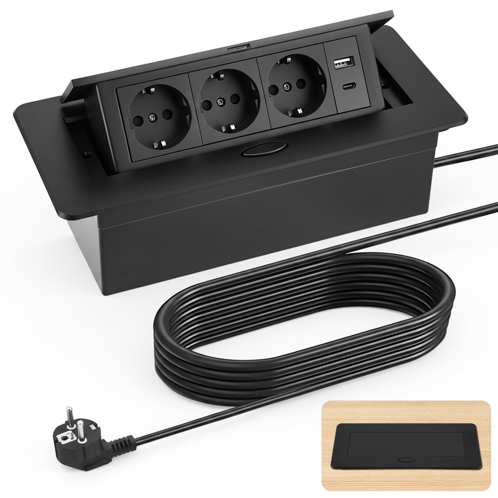 Enchufe para encimera de cocina, mesa de mesa, enchufe retráctil negro con USB, aluminio para escritorio, enchufe de mesa retráctil para sala de conferencias, hogar u oficina, cable de 1,8 m