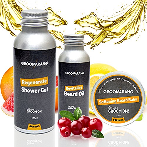 Kit Cuidado barba hombre groomarang  découvrez Notre Kit Cuidado fácil algodón con un champú la barba 100 ml, una aceite para la barba 30 ml y un bálsamo para la barba 60 ml