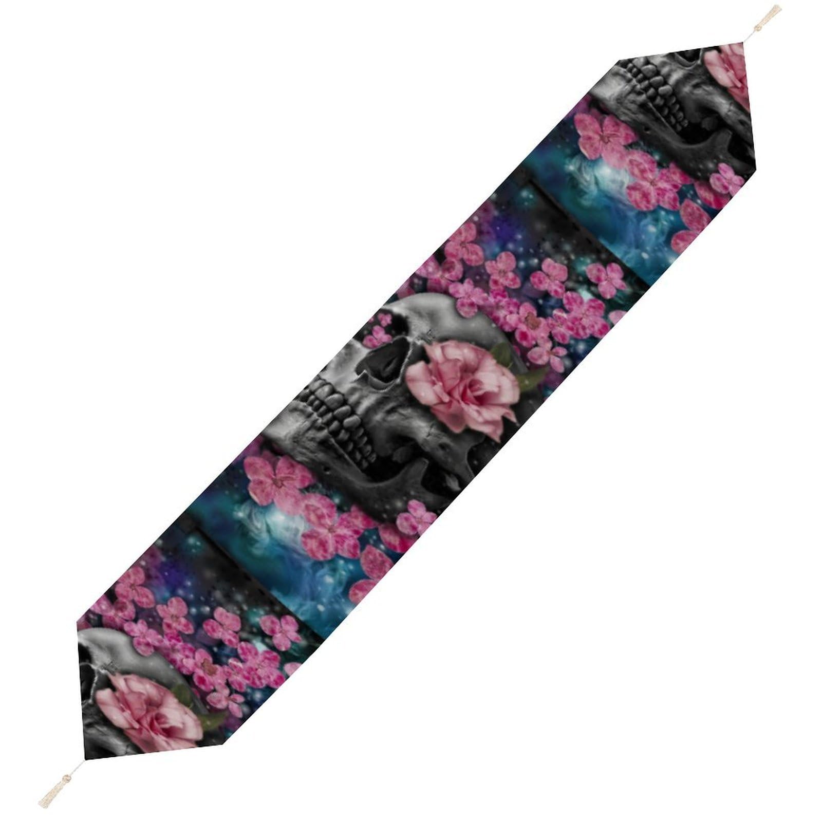 JZemdybill 229*33cm Table Runner with Tassel, Skull Flower Table Runner, Table Decoration for Kitchen, Party, Restaurant